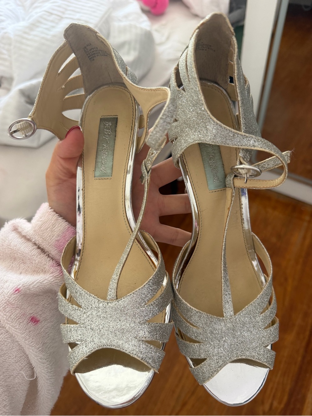 Betsey Johnson Silver Glitter Strappy Heels